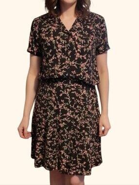 Vintage Black Floral 2 Piece Set - V-Neck Button Down Top Knee Length Skirt 14P